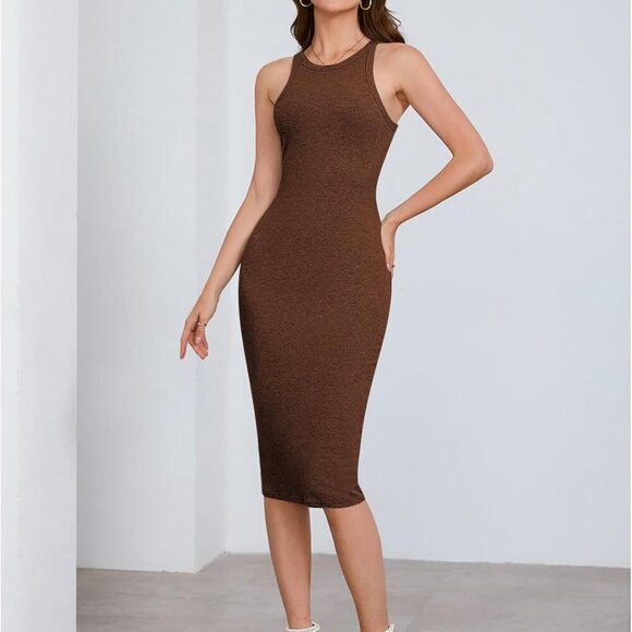 Women's Sleeveless Ribbed Knit Midi Dress Fall Casual Office Wedding Guest - Picture 6 of 6